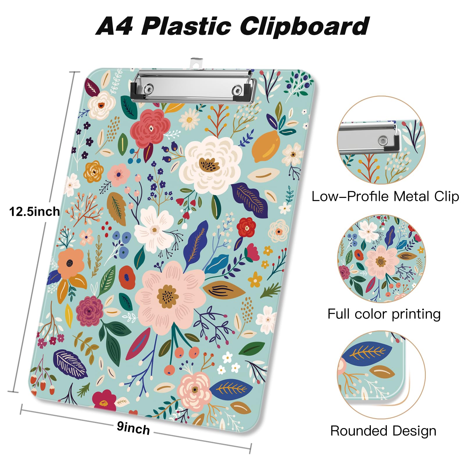 Piasoenc Plastic Clipboard, Cute Decorative Clipboards, 12.5 inches x 9 inchesinch, A4 Standard Letter Size Hard Clipboard with Metal Clip, Office Clip Boards for Nurses, Students, Office, Flowers