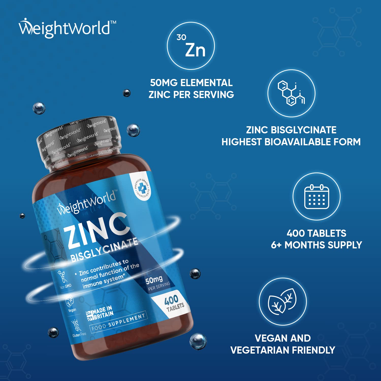 High Strength Zinc Tablets 50mg – 400 Vegan Zinc Bisglycinate Tablets 6and Months Supply – High Absorption Zinc Supplements for Skin, Hair and Nail - Immunity Supplements for Men & Women