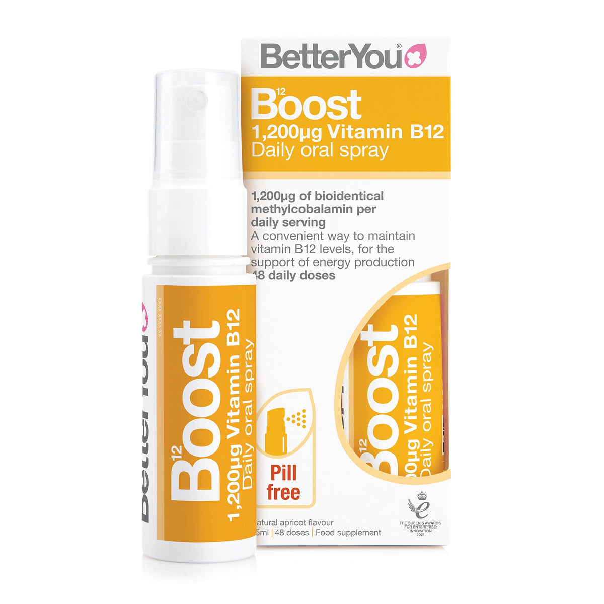 BetterYou Boost Vitamin B12 Daily Oral Spray, Pill-free Vitamin B12 Supplement for Energy Boost, 48-day Supply, Made in the UK, Natural Apricot Flavour, 25 ml (Pack of 1)