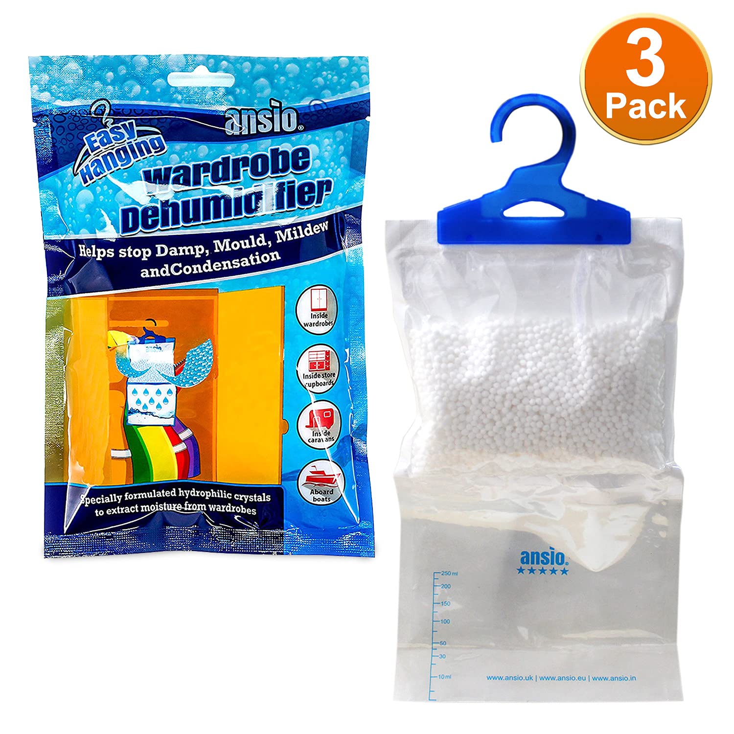 ANSIO Hanging Interior Wardrobe Dehumidifier Bags Pack of 3, Trap, Condensation, Dehumidifiers for Damp, Mould, Bedroom, Caravan, Bathroom, Basement, Office – 210g Each