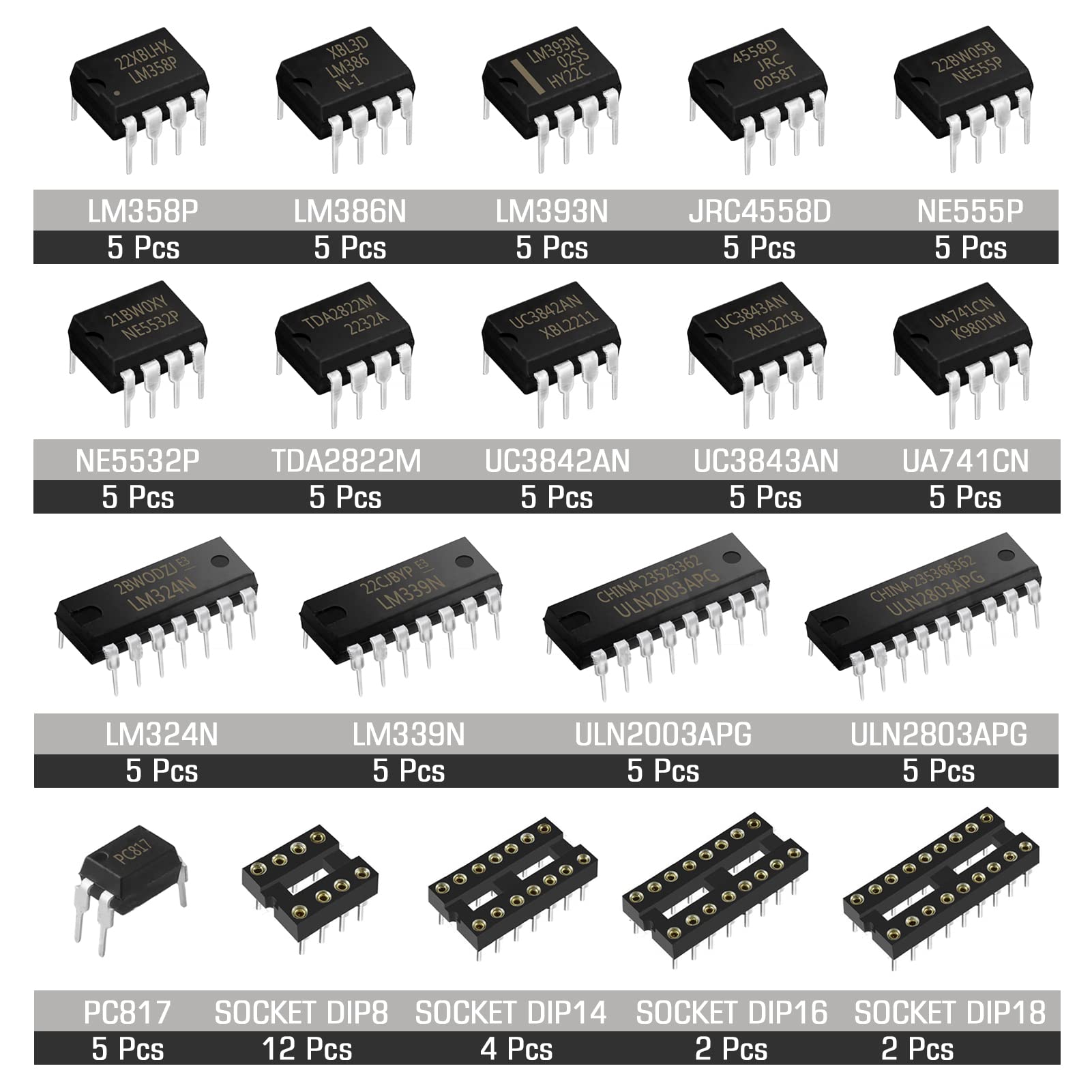 AUKENIEN 15 Values Integrated Circuit IC Assortment Kit PC817 LM358P LM386 LM393 JRC4558D NE555P NE5532P TDA2822D UC3842AN UC3843AN UA741CN LM324N LM339N ULN2003APG ULN2803APG Op Amp Amplifier Timer