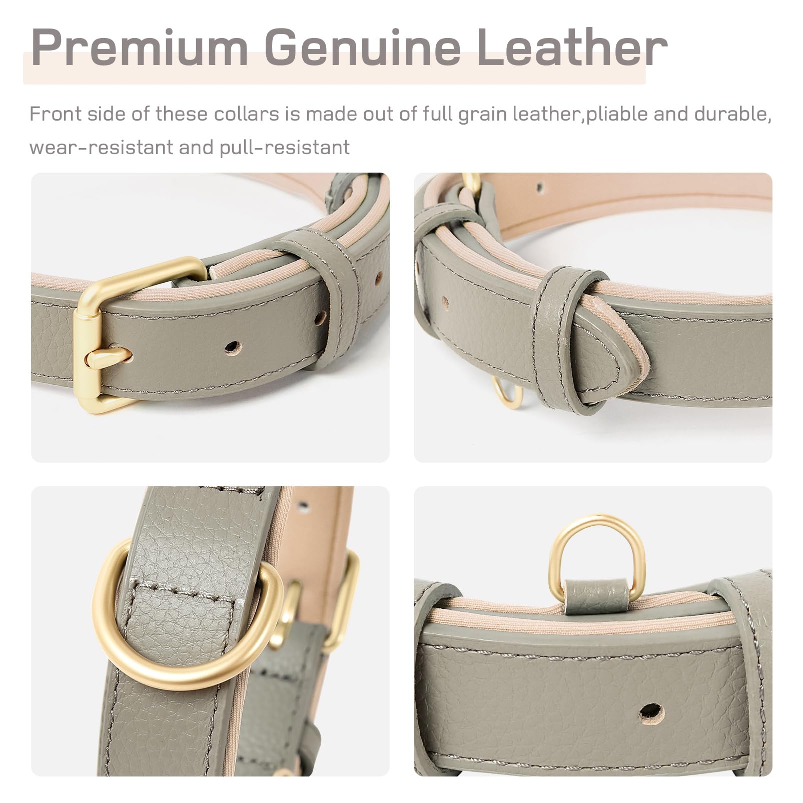 HEELE Soft Leather Dog Collar Breathable Padded with D Ring, New Pad Colour, Adjustable Classic Dog Pet Collar for Small Medium Large Dogs, New Grey, XS