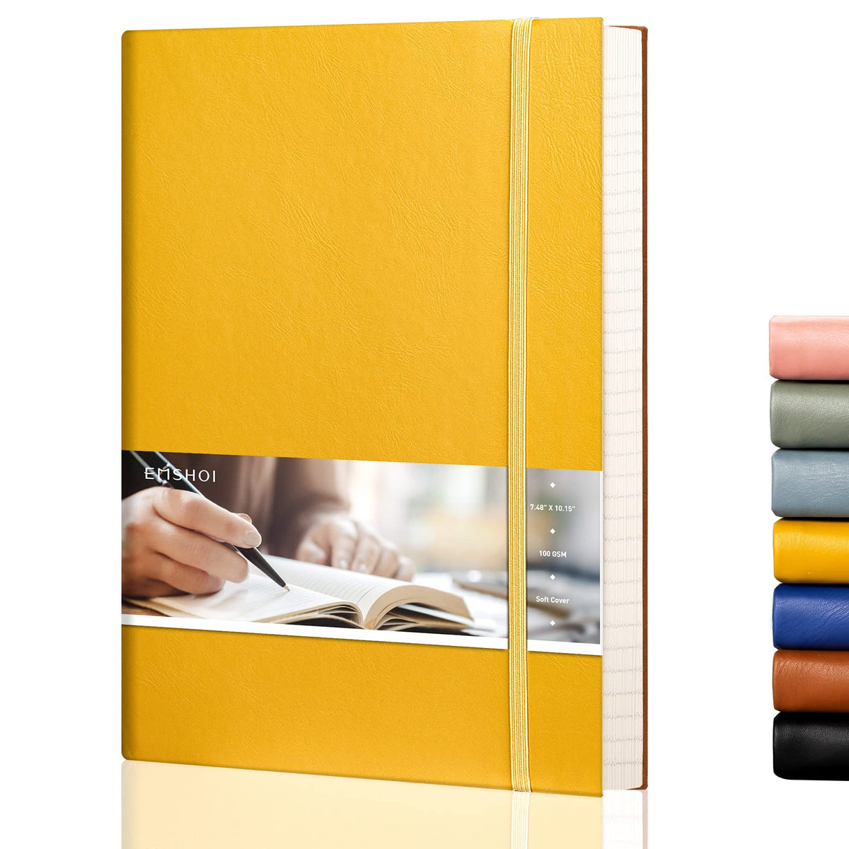 EMSHOI B5 Notebook Lined Notepad - 19 x 25 cm Large Leather Journal with Sticky Notes, 204 Numbered Pages, 100gsm Lined Paper, Softcover, Yellow