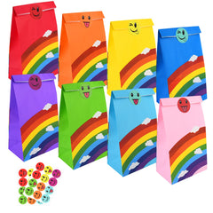 Gift Bags, 20Pcs Sweets Party Bags Rainbow Paper Bags, Kids Sweet Bags with Smile Face Stickers for Halloween, Christmas, Birthday, Celebrations - Kids' Party Favours