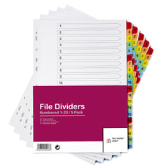 [5 Pack] A4 File Dividers 20 Part Numbered 1-20   A4 Subject Dividers 20 Part Numbered 1-20 with Multipunched Reinforced Colour Tabs 150gsm