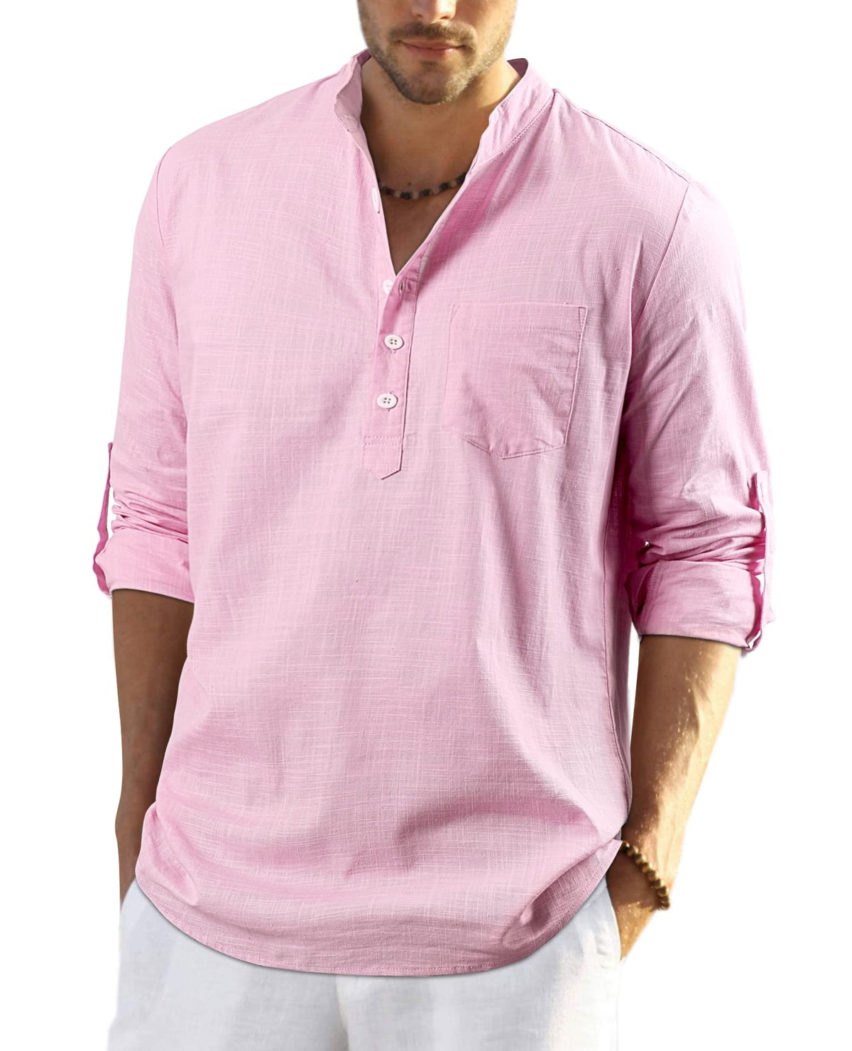 Enlision Mens Pink Cotton Linen Shirts Long Sleeve Shirt Button Down Henley Shirts Lightweight Casual Plain Tops for Men S