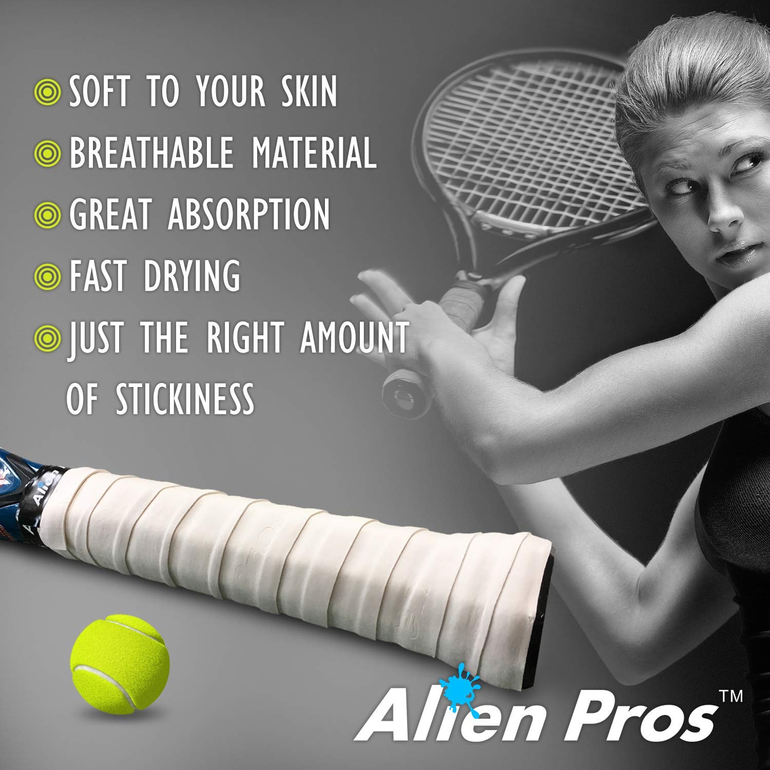 Alien Pros Tennis Racket Grip Tape (6 Grips) – Precut and Light Tac Feel Tennis Grip – Tennis Overgrip Grip Tape Tennis Racket – Wrap Your Racquet for High Performance (6 Grips, White)