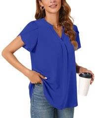 Aodemo Women's Summer Chiffon V Neck Blouses Tulip Short Sleeves Dressy Tunic Office Tops Casual Plus Size T-Shirts 2XL, Royal Blue