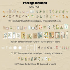 260pcs Vintage Scrapbooking Stickers Pack Vintage Stickers DIY Retro Journaling Supplies Stickers Kit Scrapbook Paper Accessories Stationery Study Washi Paper Sticker C