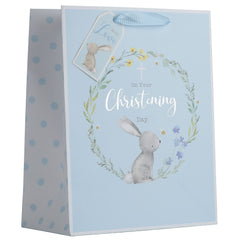 Partisan Products White Kraft Paper Rabbit Blue Boy Christening Gift Bag With Gift Tag Fully Recyclable Medium