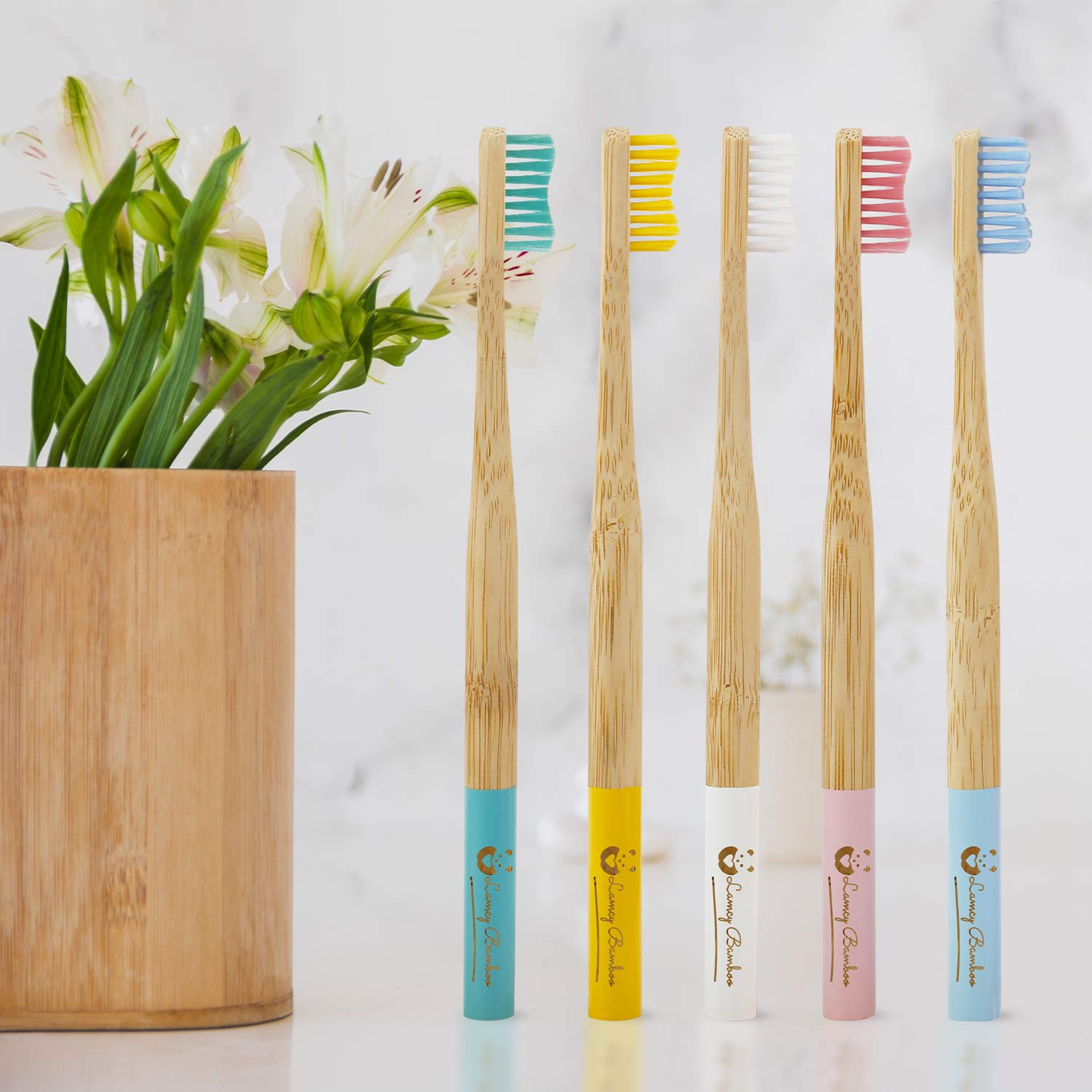 Lamcy Bamboo Toothbrushes for Adults with Medium Bristles   Pack of 5 Natural Bamboo Toothbrush   Eco-Friendly Natural Wooden Toothbrush   Organic Biodegradable Handle   BPA Free Tooth Brushes