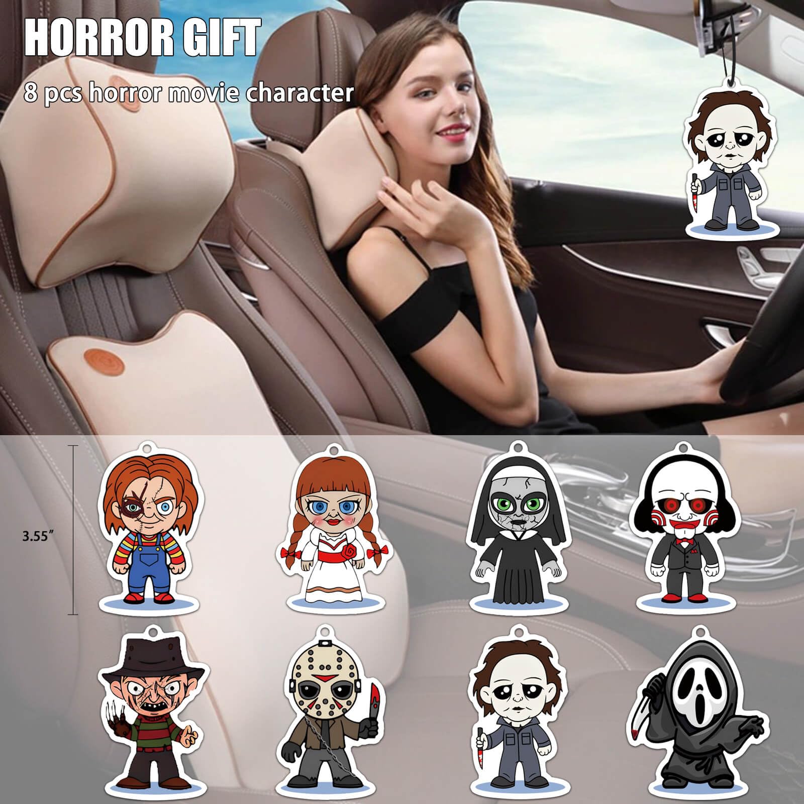 Car Air Fresheners Horror Movie Gifts Merchandise Classic Character 8 PCS, Car Accessories Decoration RearviewMirror Hanging for Men Women Gift Boy Movie Lover Scary Halloween Party Figure Black Ice