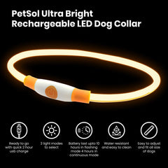 PetSol LED Dog Collar in Orange USB Rechargeable Flashing Light Safety Collar for Dogs, Cats & Puppies - Fashionable Glow in the Dark Design to keep your Pets Safe