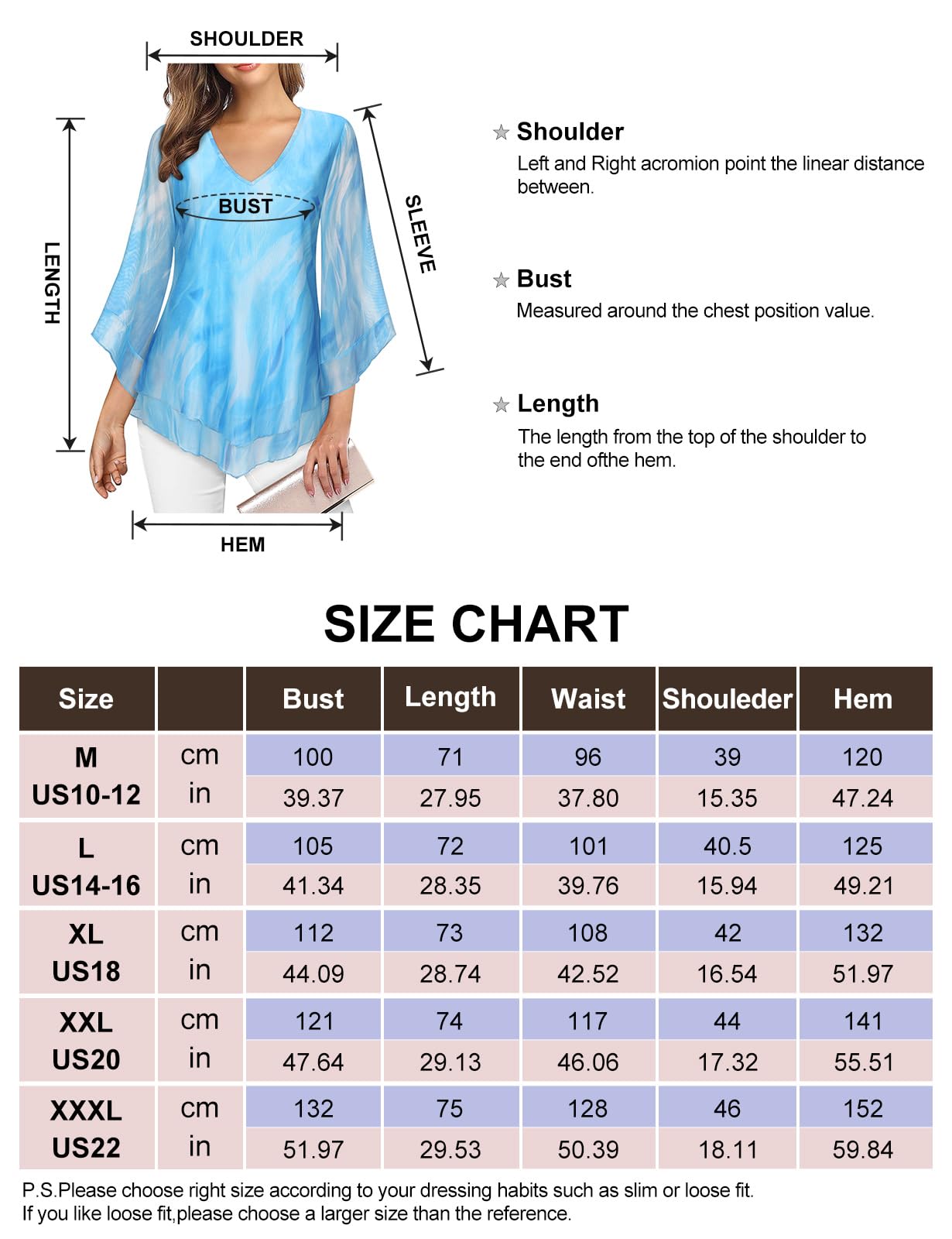 Womens Blouses Ruffle 3/4 Sleeve Tunic Tops Floral Shirts Double Layered V Neck Chiffon Blouse-Blue, L