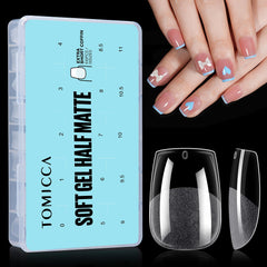 TOMICCA Coffin Shaped Short Nail Tips - 510PCS Half Matte Soft Gel, No File Needed- Full Cover False Nails, Clear Acrylic & Strong Tips for Press On Extension - 15 Sizes