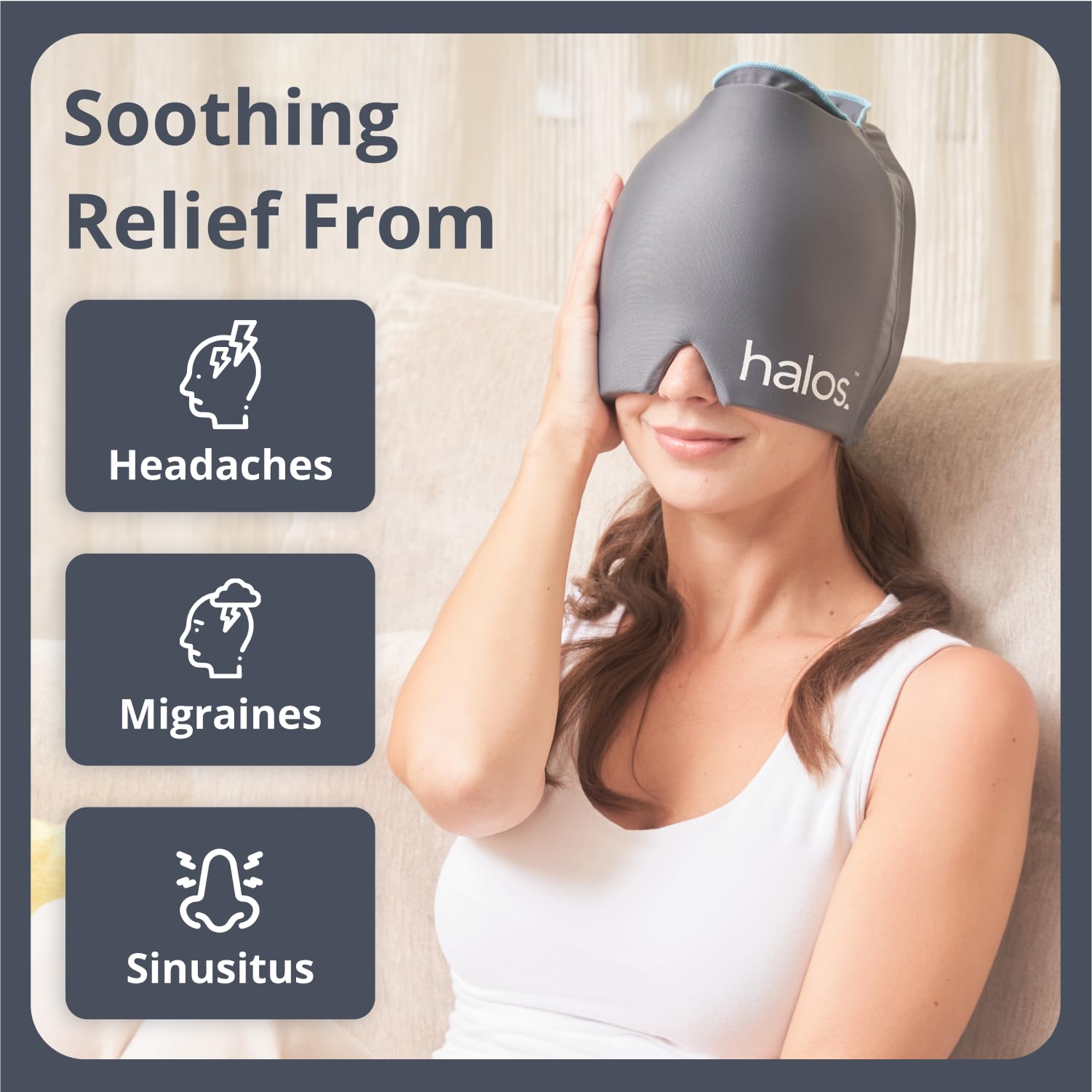 Halos Migraine Relief Cap - Wearable Ice Pack Cold Wrap Hat -Reusable Therapy Headache & Cap, for Tension and Sinus Pressure -Form-Fitting Compress Head