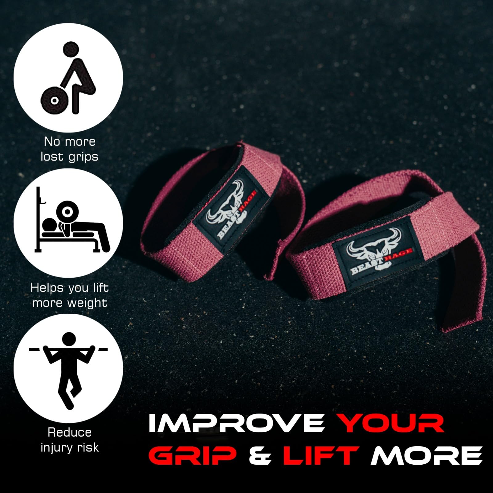 BEAST RAGE Weight Lifting Straps Fitness Padded Cotton Wrist Support Gel Advanced Grips Dumbbell Bar Wraps Heavy Duty Gym Bodybuilding Straps Power Deadlift Barbells Non Slip Exercise (T-Pink)