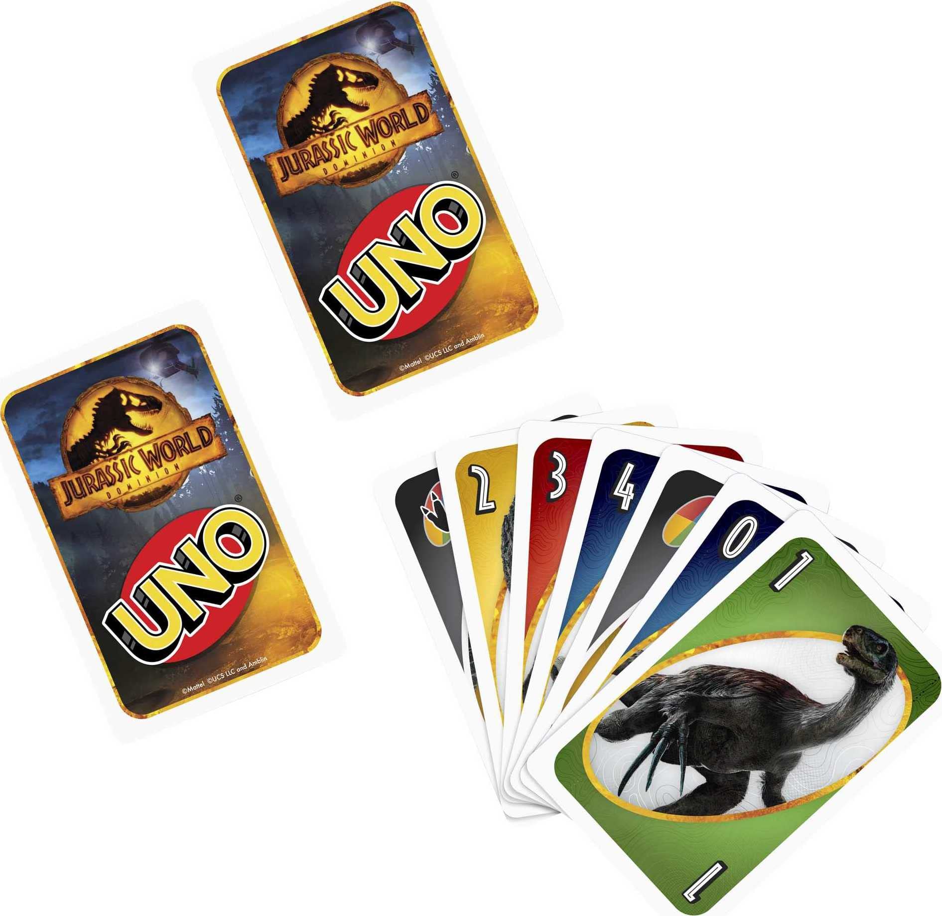 UNO Jurassic World Dominion Card Game with Themed Deck & Special Rule, Gift for Kid, Adult & Family Game Nights, Ages 7 Years Old & Up, GXD72 (Pack of 2)