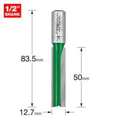 Trend CraftPro Straight Two Flute Router Cutter Bit, 1/2 Inch Shank, 12.7mm Cut Diameter & 50mm Cut Length, Tungsten Carbide Tipped, C153MX1/2TC