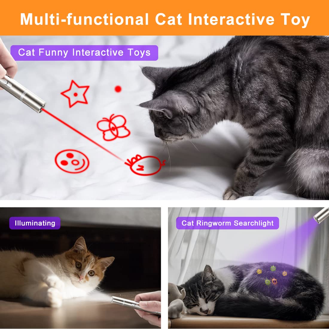 HOHUIGO Cat Toys for Indoor Cats Adult Kittens, Interactive Dog LED Pointer, USB Rechargeable Pen Light Red Dot Kitten Chaser Toys, Teaser Wand Mouse Pet Scratch Exercise Tools, Silver