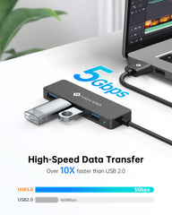 NOVOO Ultra Slim USB Hub 3.0 with 600mm Extended Cable 4 High-Speed Ports, 5Gbps Data Transfer, USB Adapter 5V/2A Power Supply Port, USB Splitter Compatibility for Desktop PC, Laptop, Mobile HDD