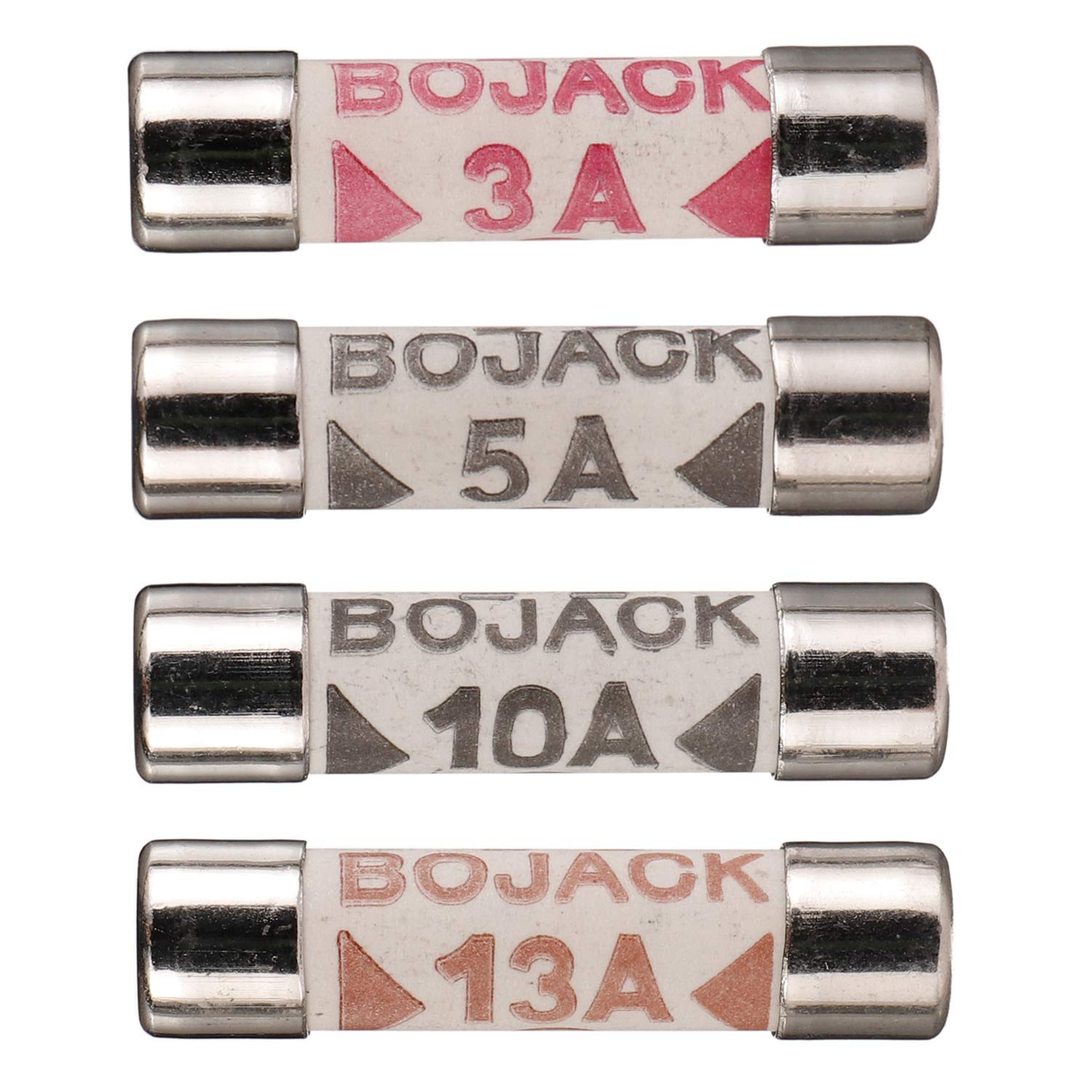 BOJACK 4 Values 64 pcs 3 5 10 13 A amp 240 V Volt Household Mains Plug Fuse 6.3x25 mm 0.25x1Inch BS1362 Ceramic Tube Cartridge Fuses Assortment Kit packag in a Clear Plastic Box