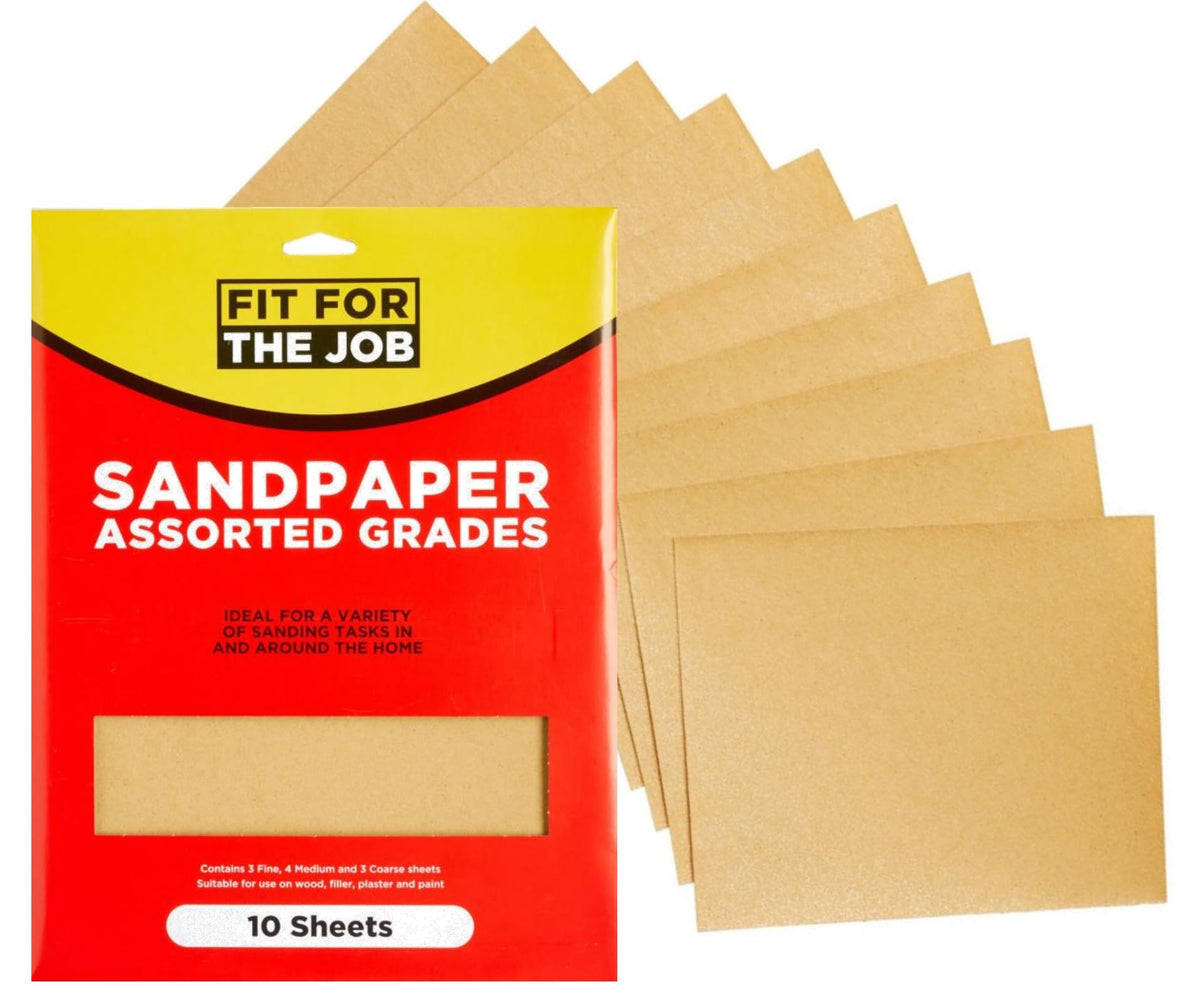 Fit For The Job 10 Large A4 Size Sheets Sandpaper Assorted Grades for Sanding Wood,Furniture,Metal,Plaster For Home Improvement, Decorating & More - 3x Fine, 4x Medium, 3x Coarse 11x9 inch (230x280mm)