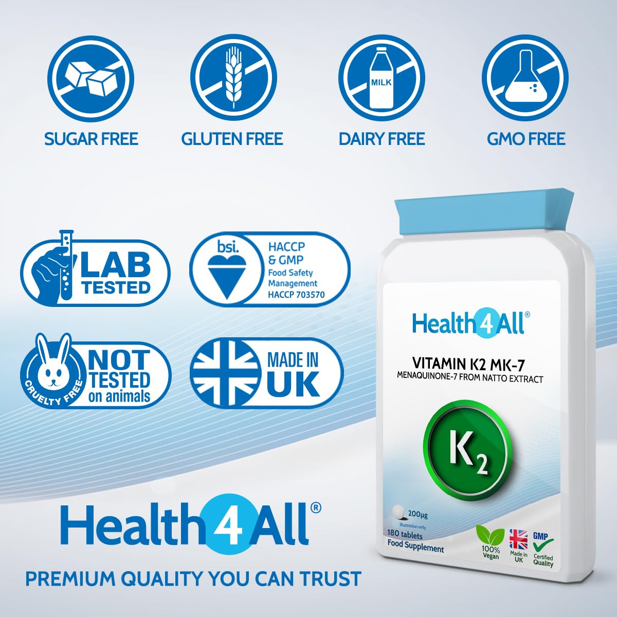 Health4All Vitamin K2 MK7 200mcg 180 Tablets (V) Natural Vegan MK7 from Natto Beans Fermentation. High Strength k2mk7 Tablets (not Capsules) K2 Vitamin Supplements. VIT K2 mk7