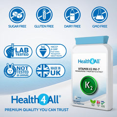 Health4All Vitamin K2 MK7 200mcg 180 Tablets (V) Natural Vegan MK7 from Natto Beans Fermentation. High Strength k2mk7 Tablets (not Capsules) K2 Vitamin Supplements. VIT K2 mk7