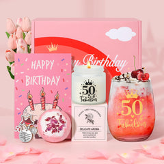 Tecanne 50th Birthday Gifts for Women, Birthday Pamper Gifts for Her, Personalised Glass 50th Wine Glass Gift Set, Gin Gift Box for Mum, Sister, Best Friends