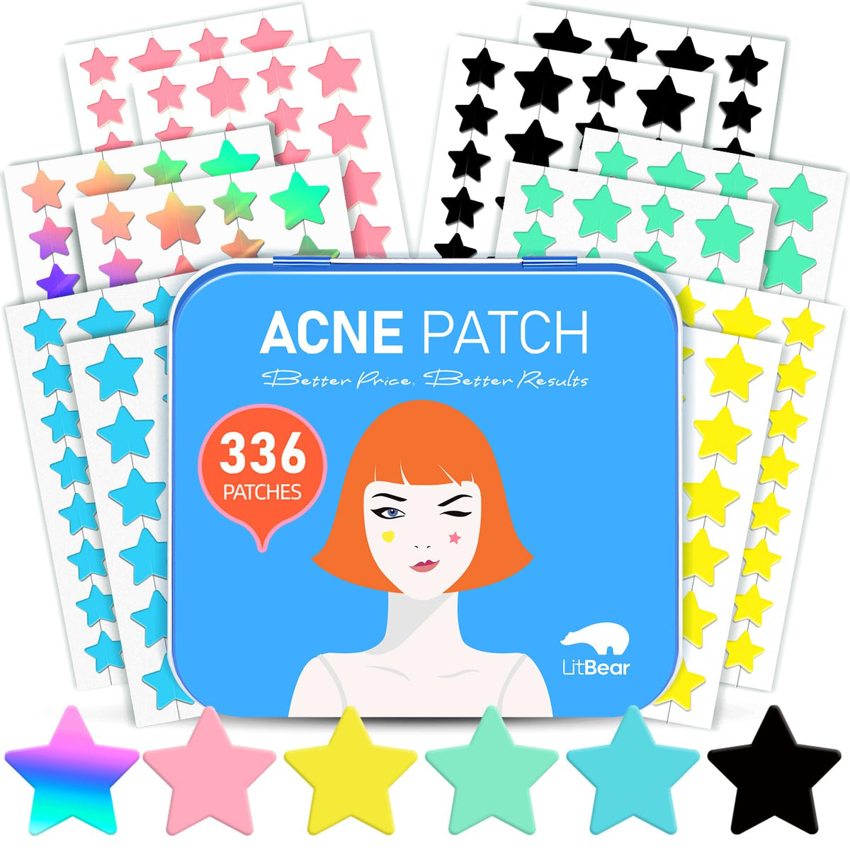 LitBear Acne Pimple Patch, 6 Colors 336 Dots Star Pimple Patches with Case, Tea Tree Oil & Centella Oil, Hydrocolloid Acne Pimple Patches for Face Cute Zit Patches Pimple Stickers Acne Dots