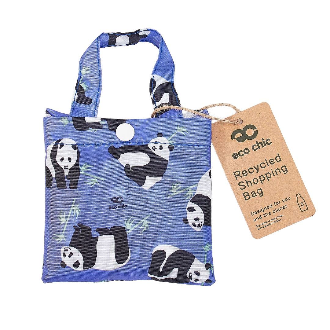 ECO CHIC Lightweight Foldable Reusable Shopping Bag Water Resistant Tote Bag (Pandas Blue)