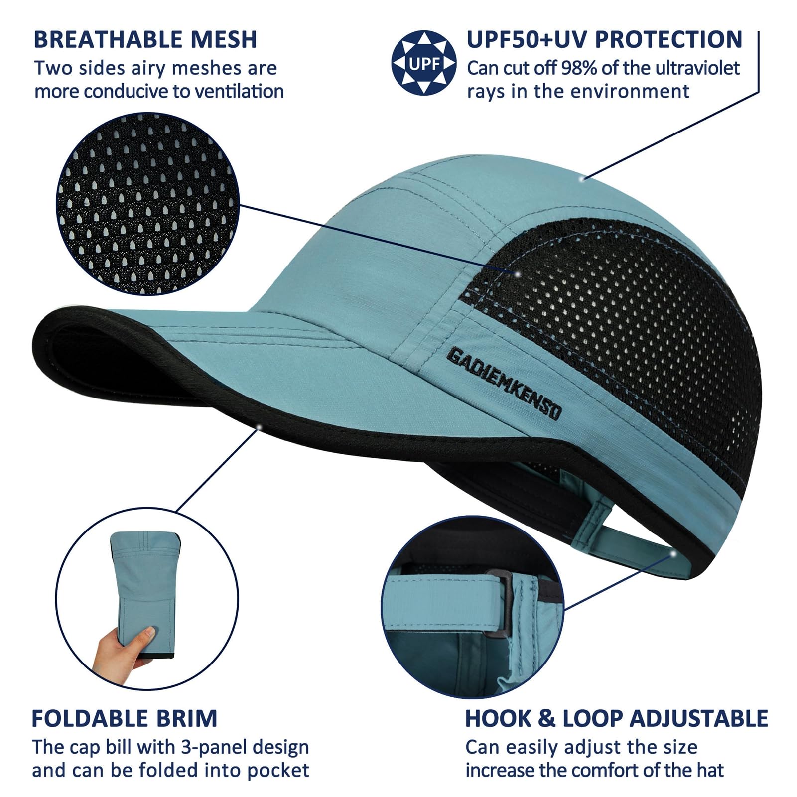 GADIEMKENSD Mens Folding Running Hat Long Brim Golf Hats Quick Dry Baseball Caps Unstructured Breathable Light UPF 50 Cooling Cap for Outdoor Sport Hiking Workout Gym Tennis Travel Sky Blue