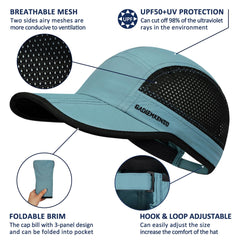 GADIEMKENSD Mens Folding Running Hat Long Brim Golf Hats Quick Dry Baseball Caps Unstructured Breathable Light UPF 50 Cooling Cap for Outdoor Sport Hiking Workout Gym Tennis Travel Sky Blue