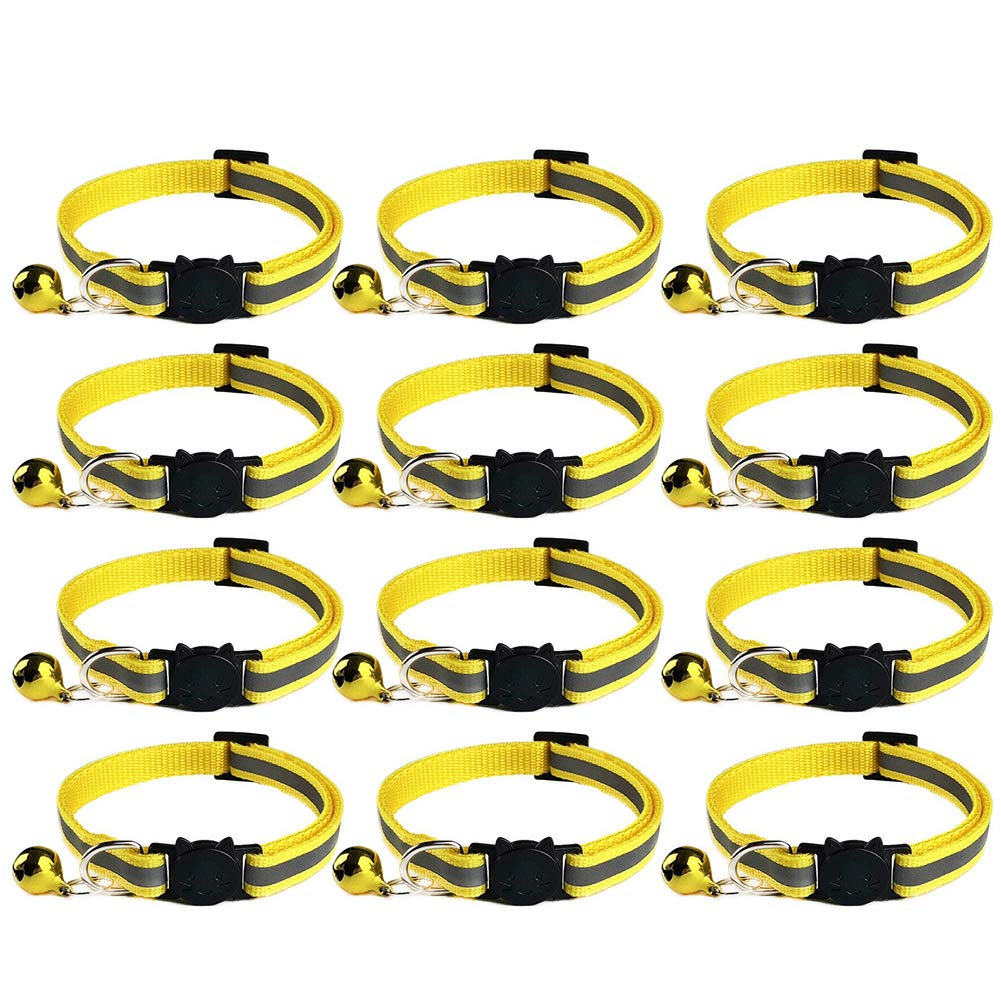 Tafeiya 12x Reflective Design Adjustable Cat Collars More Safety Quick Release Safety Buckle with Bell (Yellow)