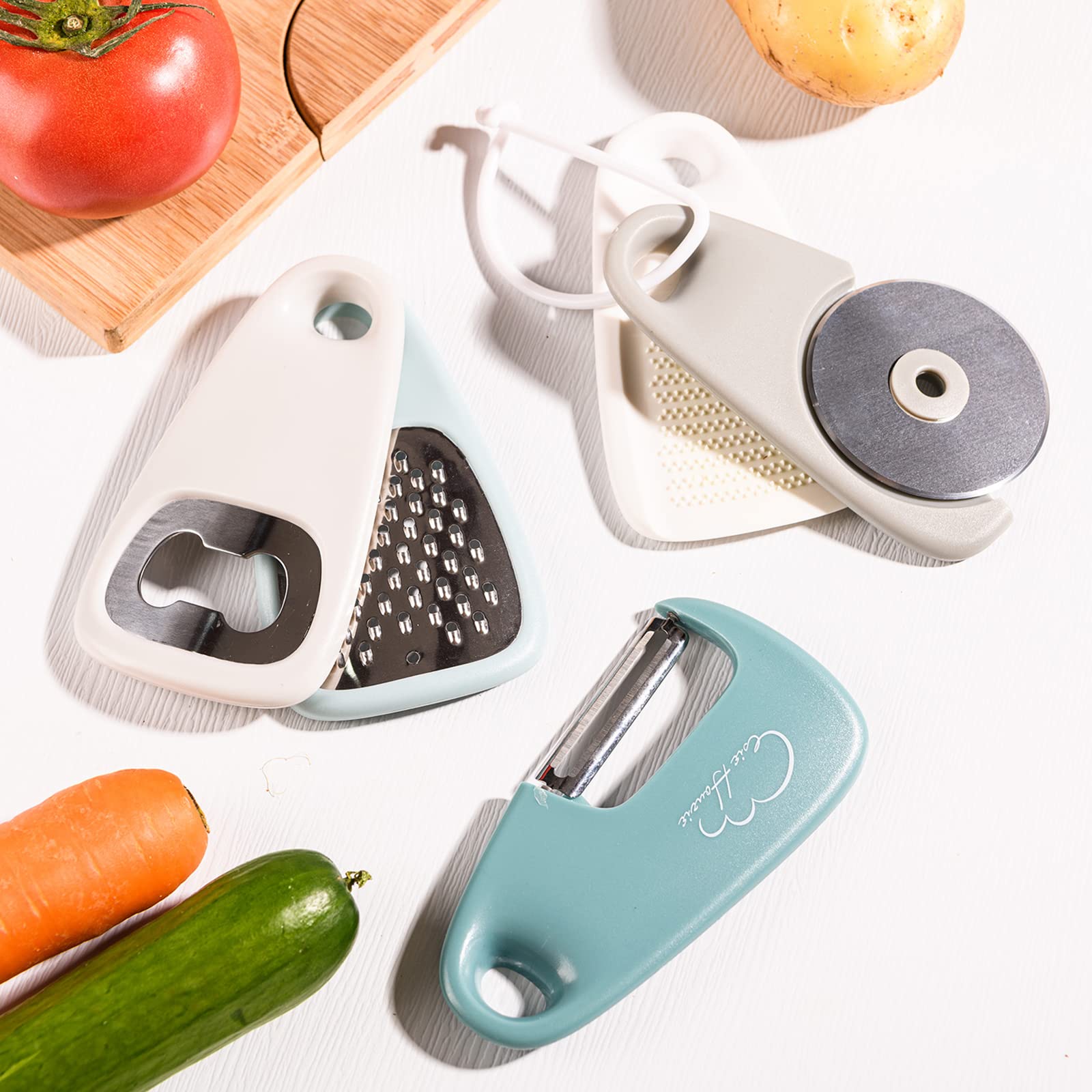 Kitchen Gadgets 5 Pieces Space Saving Kitchen Accessories Cheese Grater, Bottle Opener, Fruit/Vegetable Peeler, Pizza Cutter, Garlic/Ginger Grinder, Stainless Steel Camping Accessories (Blue)