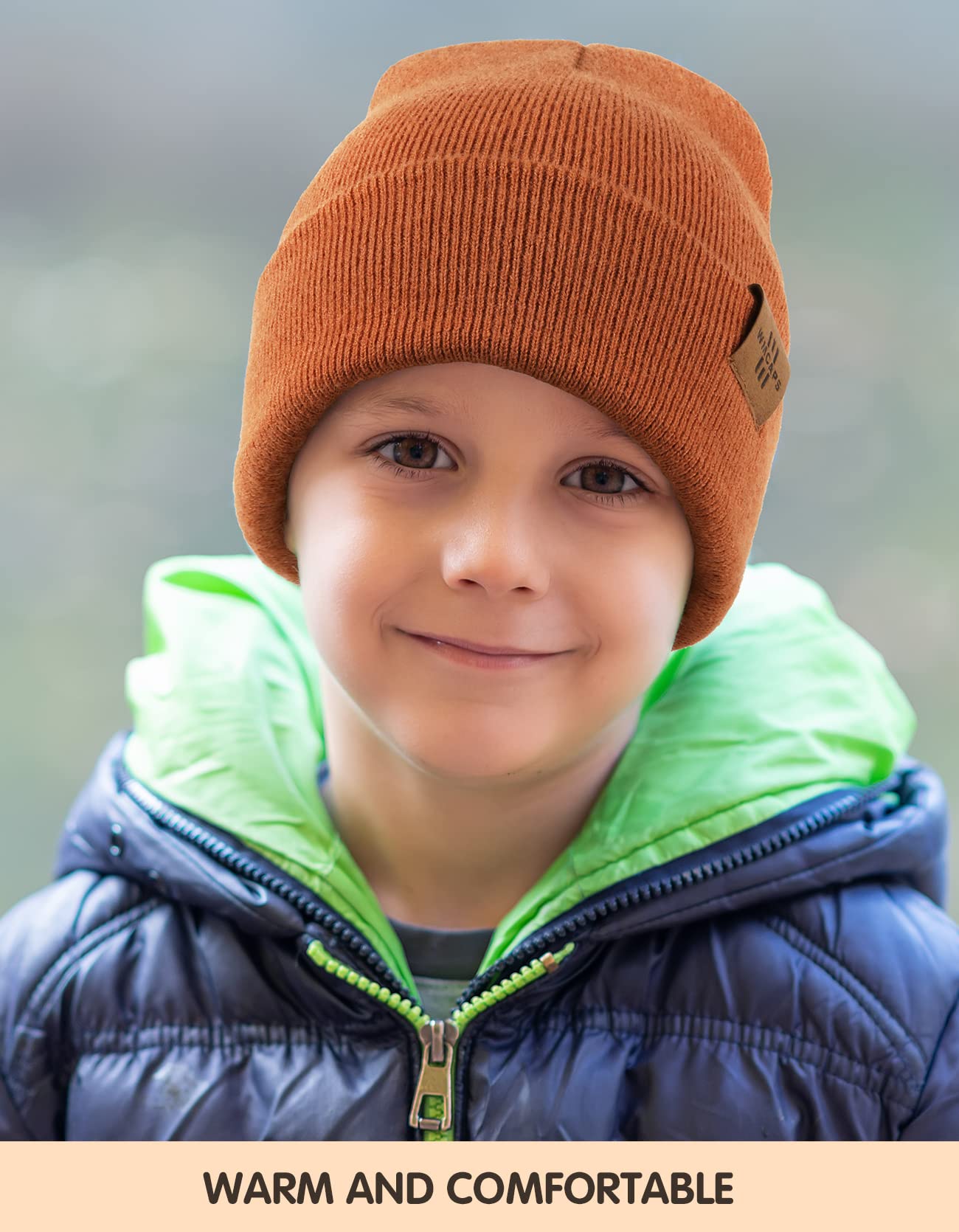 Beanie for Kid, Stretchy Childrens Thermal Insulated Wolly Hat with Turn Up for Boys and Girls, Double Layer for Winter Autumn (Dark Orange)