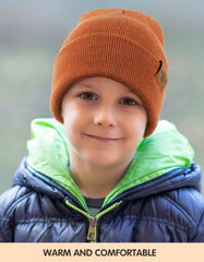 Beanie for Kid, Stretchy Childrens Thermal Insulated Wolly Hat with Turn Up for Boys and Girls, Double Layer for Winter Autumn (Dark Orange)