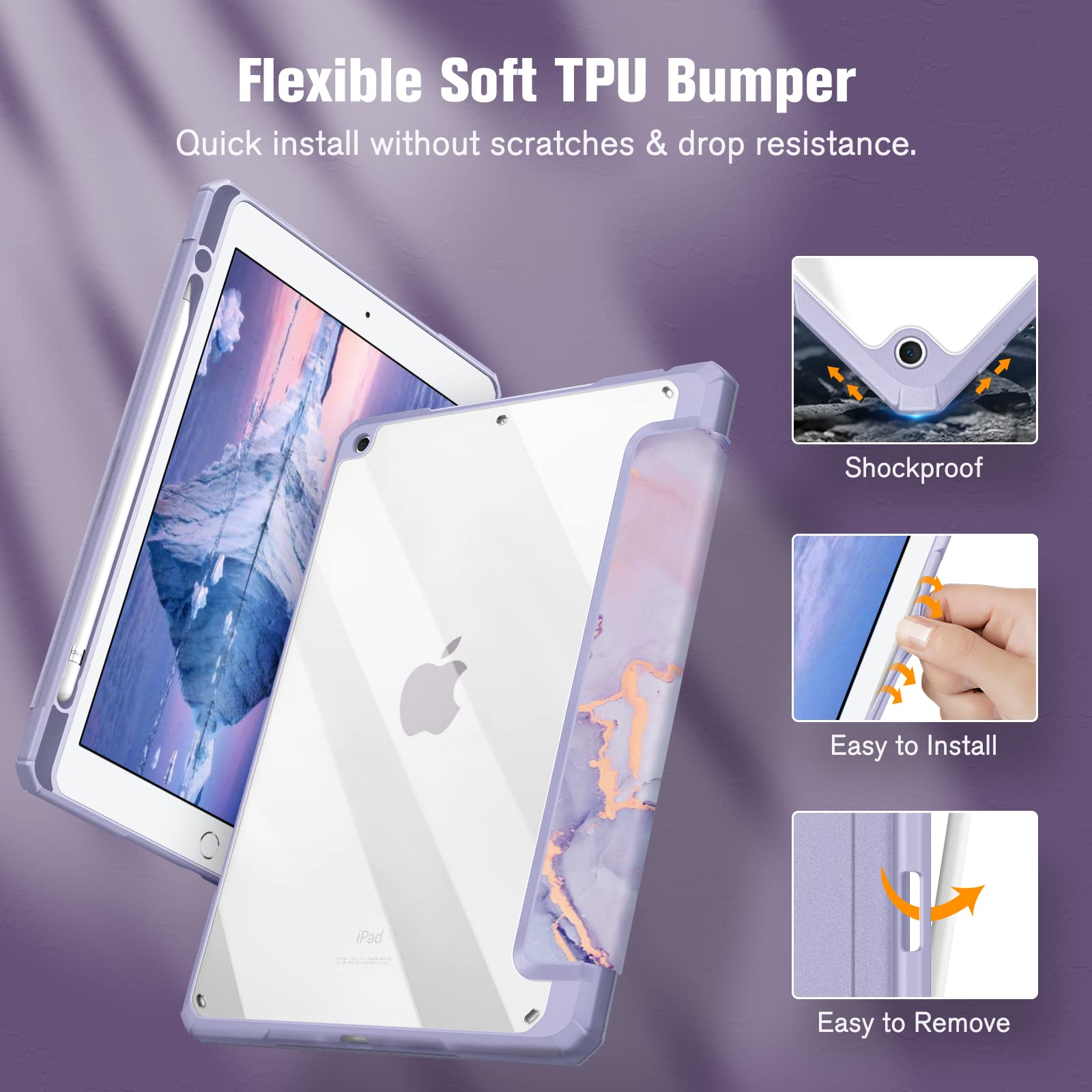 FINTIE Hybrid Case Compatible with iPad 9th/8th/7th Generation (2021/2020/2019 Model, 10.2 inch) - Shockproof Cover with Clear Back Shell w/Pencil Holder, Auto Wake/Sleep, Lilac Marble