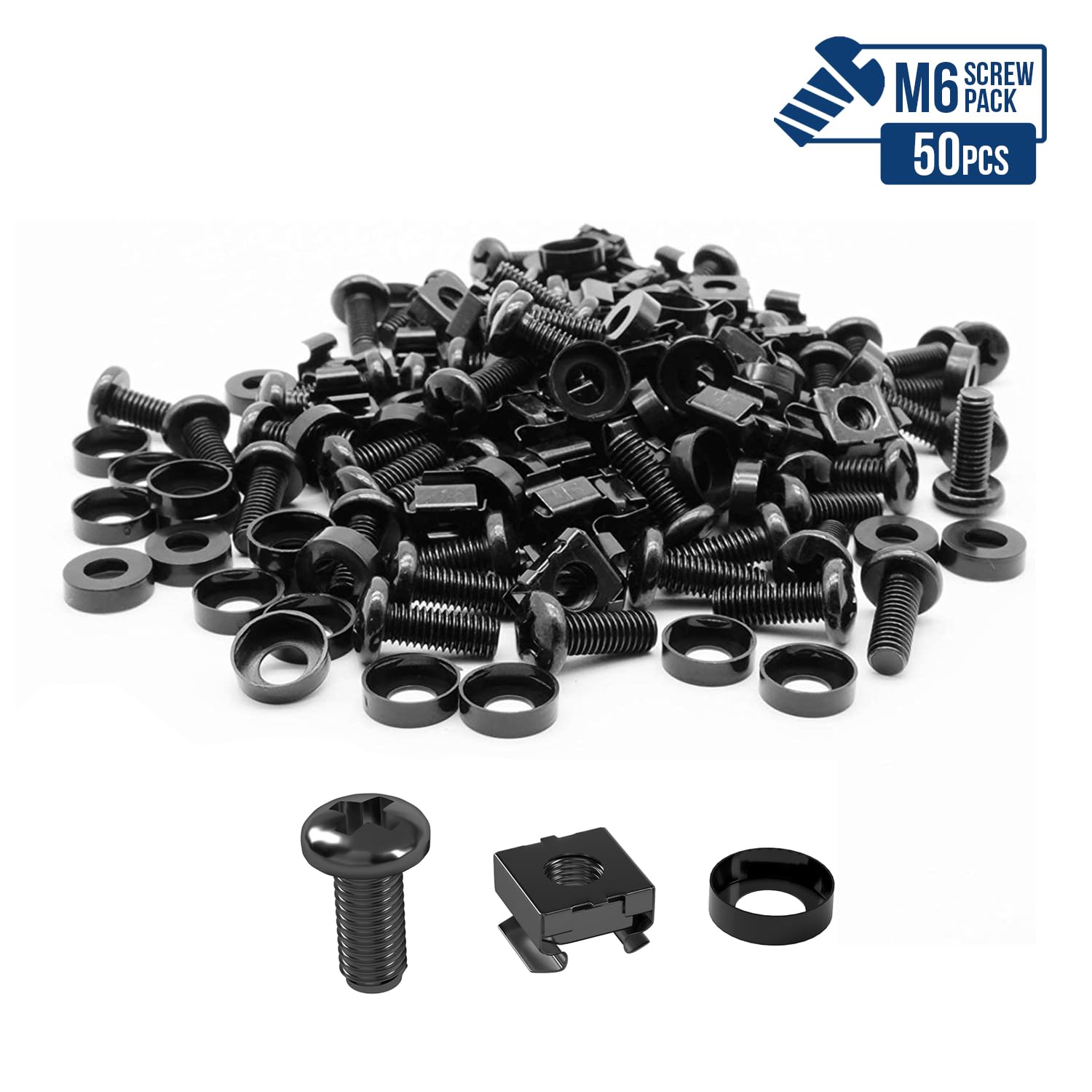 LMS Data M6 Cage Nuts Screws and Washers Set -Assortment Nuts and Bolts Kit for Rack Mount Data Cabinets, Server Shelves Fixing and Installation (Black, 50)