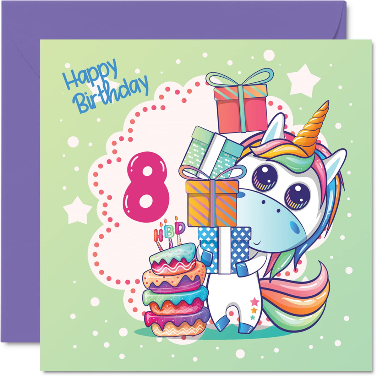 8th Birthday Card Girl - Magical Unicorn Birthday Card - Happy Birthday Card 8 Year Old Girl, Girls Birthday Cards for Her, 145mm x 145mm Greeting Cards for Daughter Niece Granddaughter Kids Children