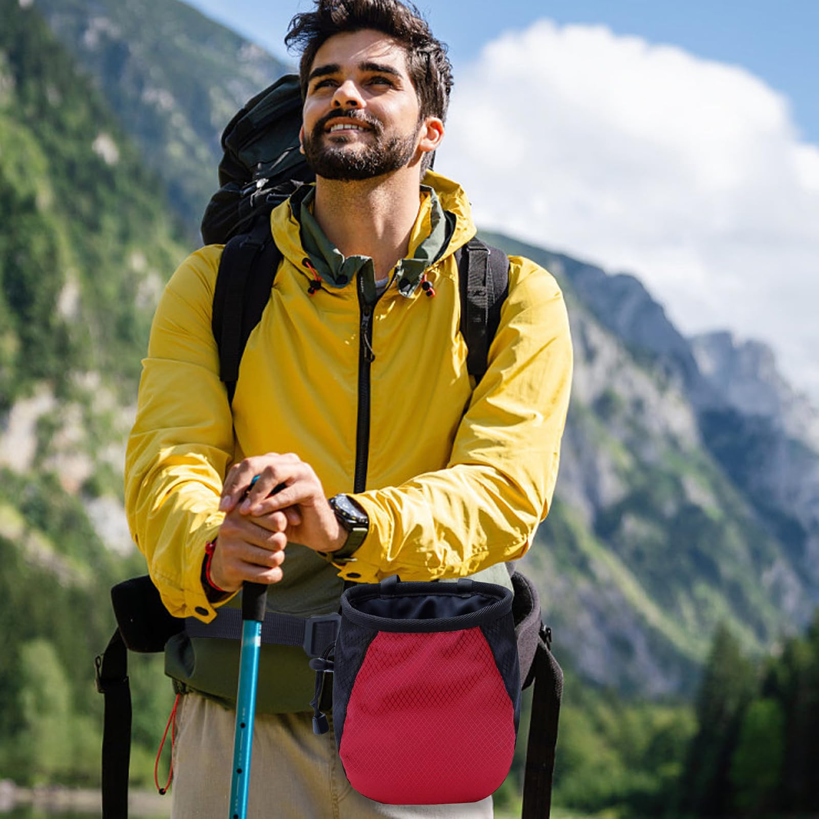 FUZVOL Red Climbing Chalk Bag Bucket Magnesium Chalk Bag with Belt Adjustable Pocket and Drawstring. It can be Hanging at the Waist used for Rock Outdoor Climbing Bouldering.