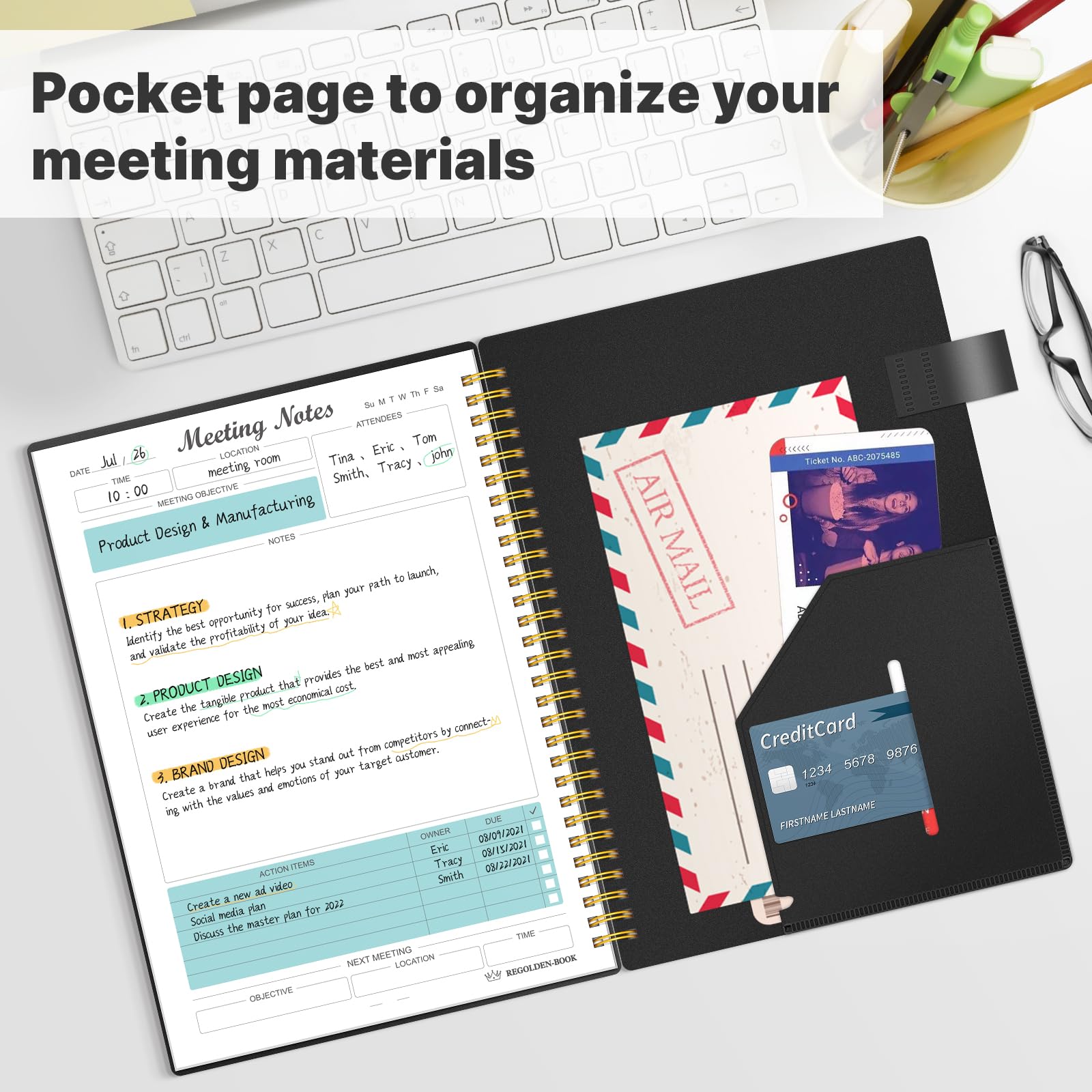 Meeting Notebook for Work with Action Items, Project Planner Notebook for Note Taking, Office/ Business Meeting Notes Agenda Organizer for Men & Women, 160 Pages (7”x10”), Black