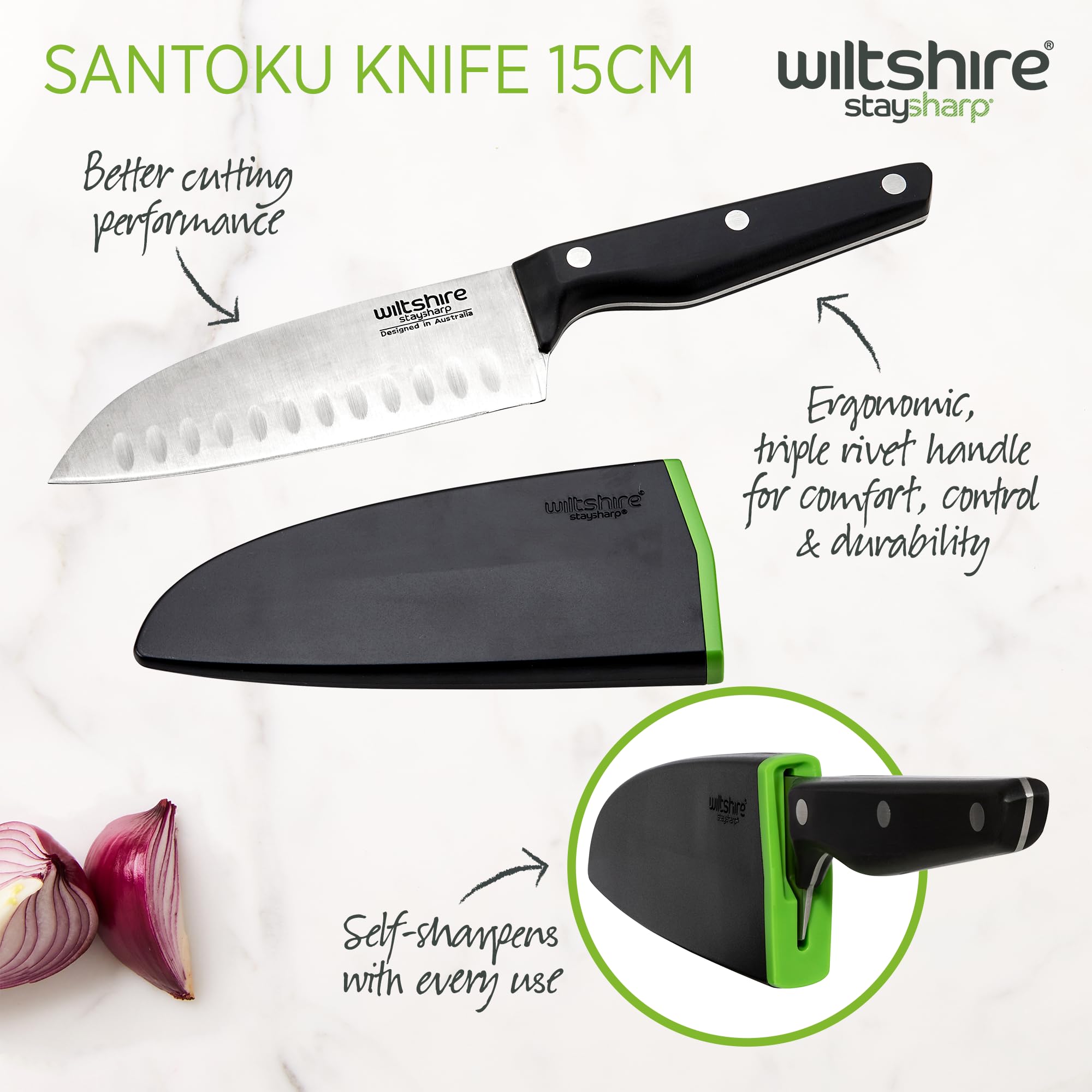 Wiltshire Staysharp Triple Rivet Santoku Knife 15cm6,Kitchen Knife with Built-in Sharpener,Keep Your Knife Sharp at All Times,Slim Design Scabbard,Ergonomic Triple Rivet Handle,10 Year Guarantee