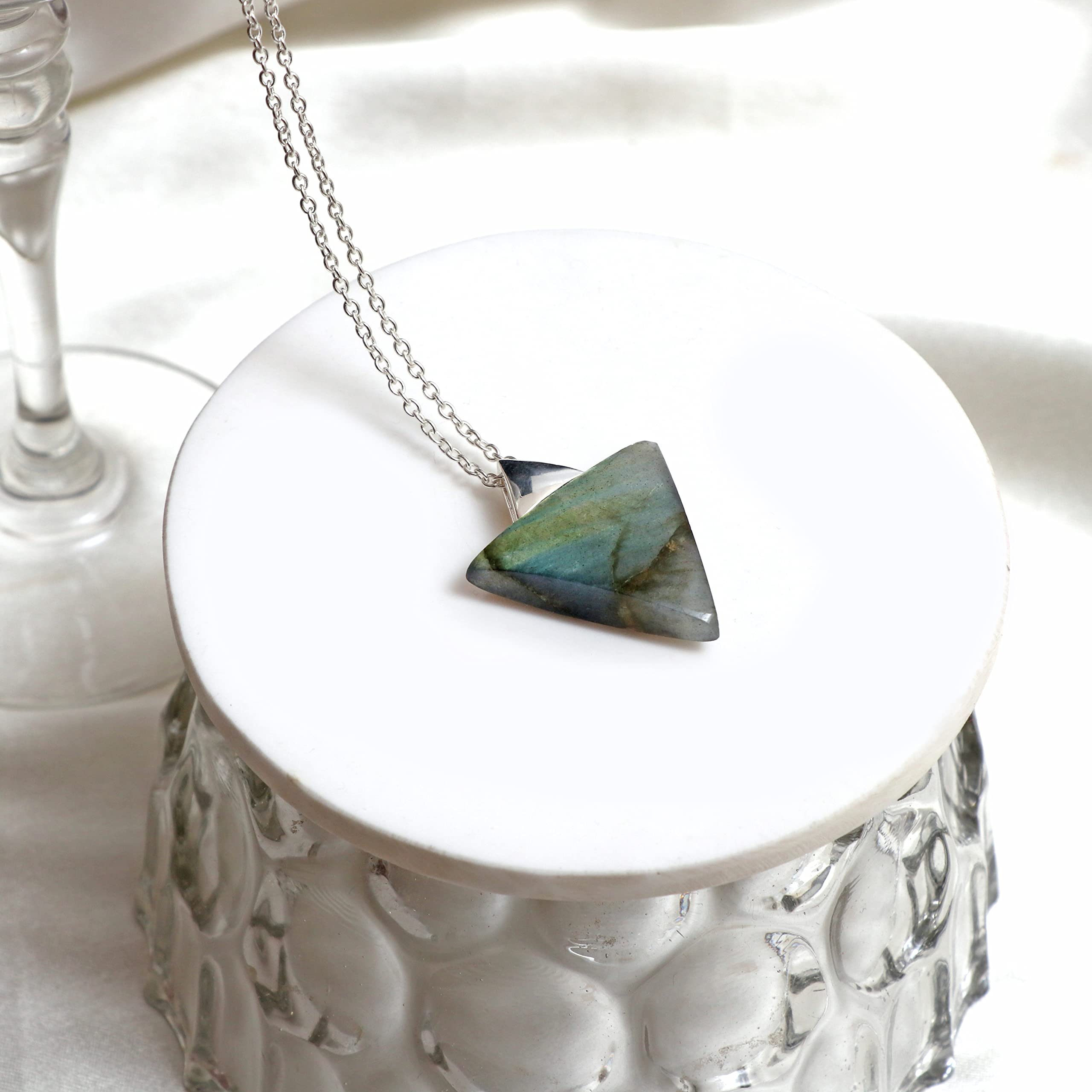 Gempires Labradorite Pendant in Triangle Shape - Pendant for Protection Against Negetive Energy With 16 and 2 Inch Silver Plated Adjustable Chain (Labradorite)