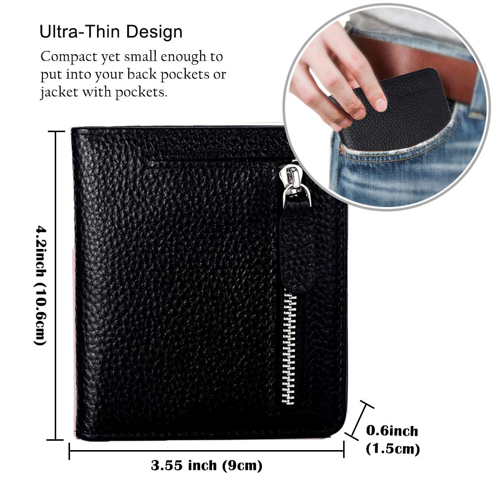 FT FUNTOR Small Wallet for Woman with Card Ladies Bifold Zipper Pocket RFID Blocking Leather Wallet Purse(Black)