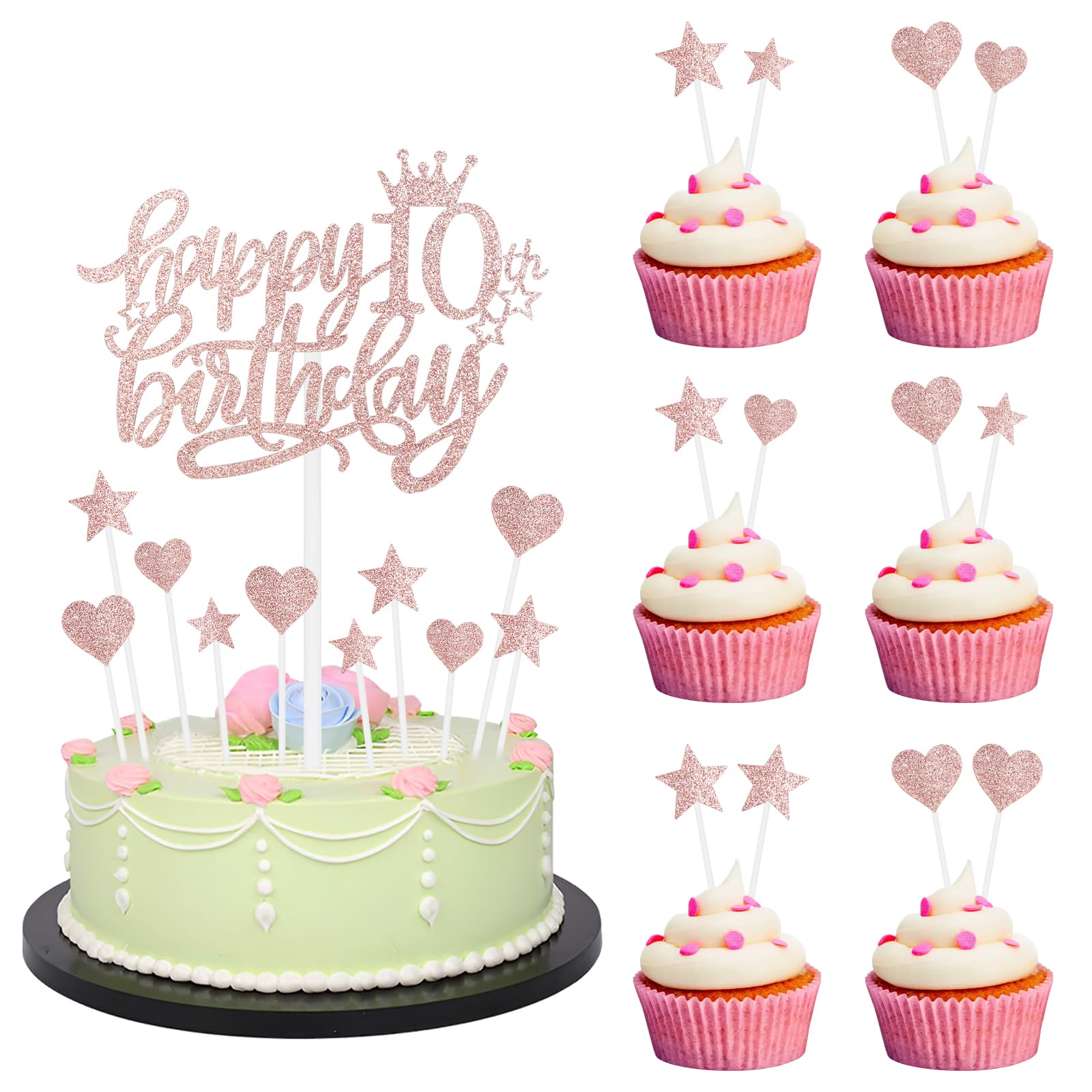 11pcs Happy 9th Birthday Cake Toppers, Rose Gold Cake Cupcake Toppers for Cake, Glitter Heart Stars Cake Toppers, Birthday Gift, Personalised Cake Topper for Girls Babies 9th Birthday Cake Decorations