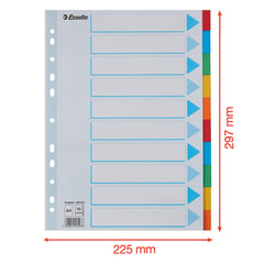 Esselte A4 Card File Dividers. 10 Parts Coloured Folder Dividers with identification front sheet, for Ring Binders and Lever Arch Files. Made from durable, recycled card