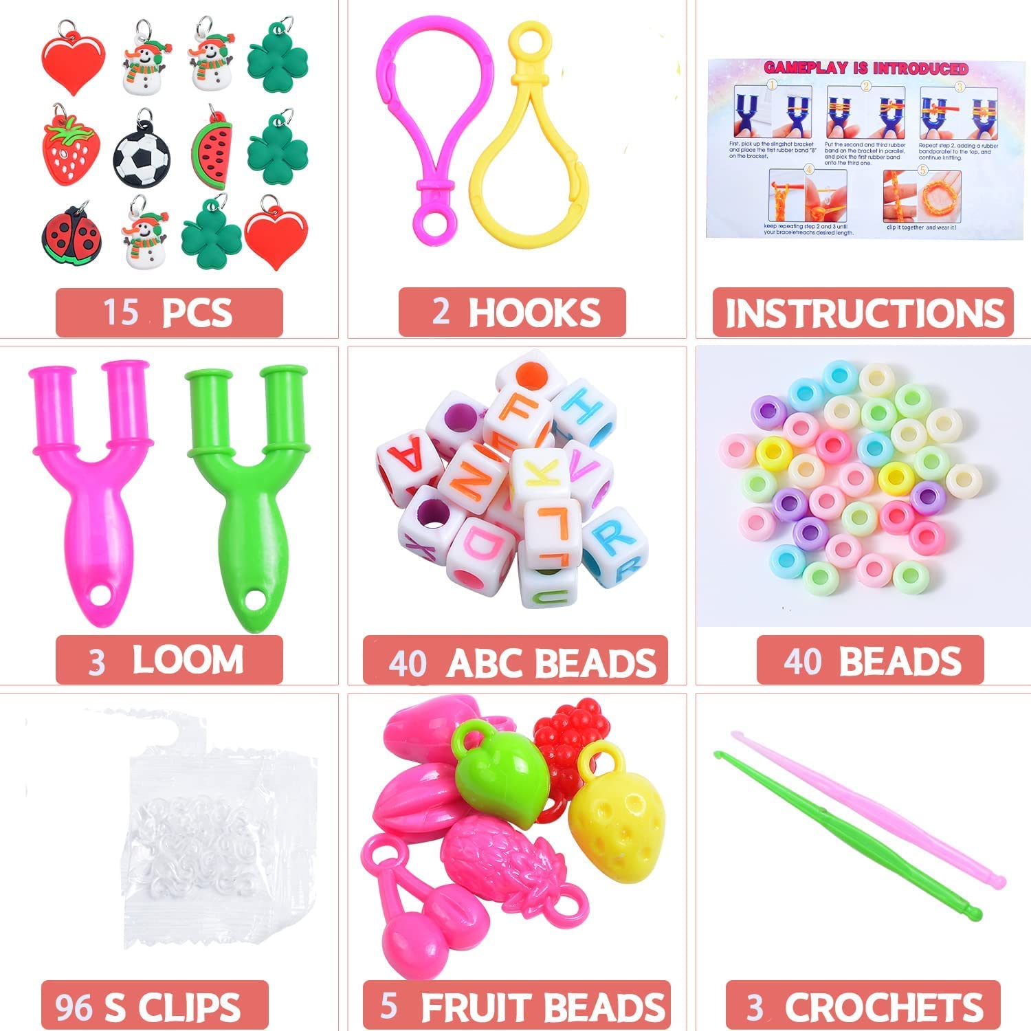 JcoGel 2500and Rubber Bands,Loom Band Kit, DIY Rubber Bands Set for Bracelet, 15 Charms, 80 and Beads, 3 Crochet Hooks, 96 S Clips, Gift for Boys Girls