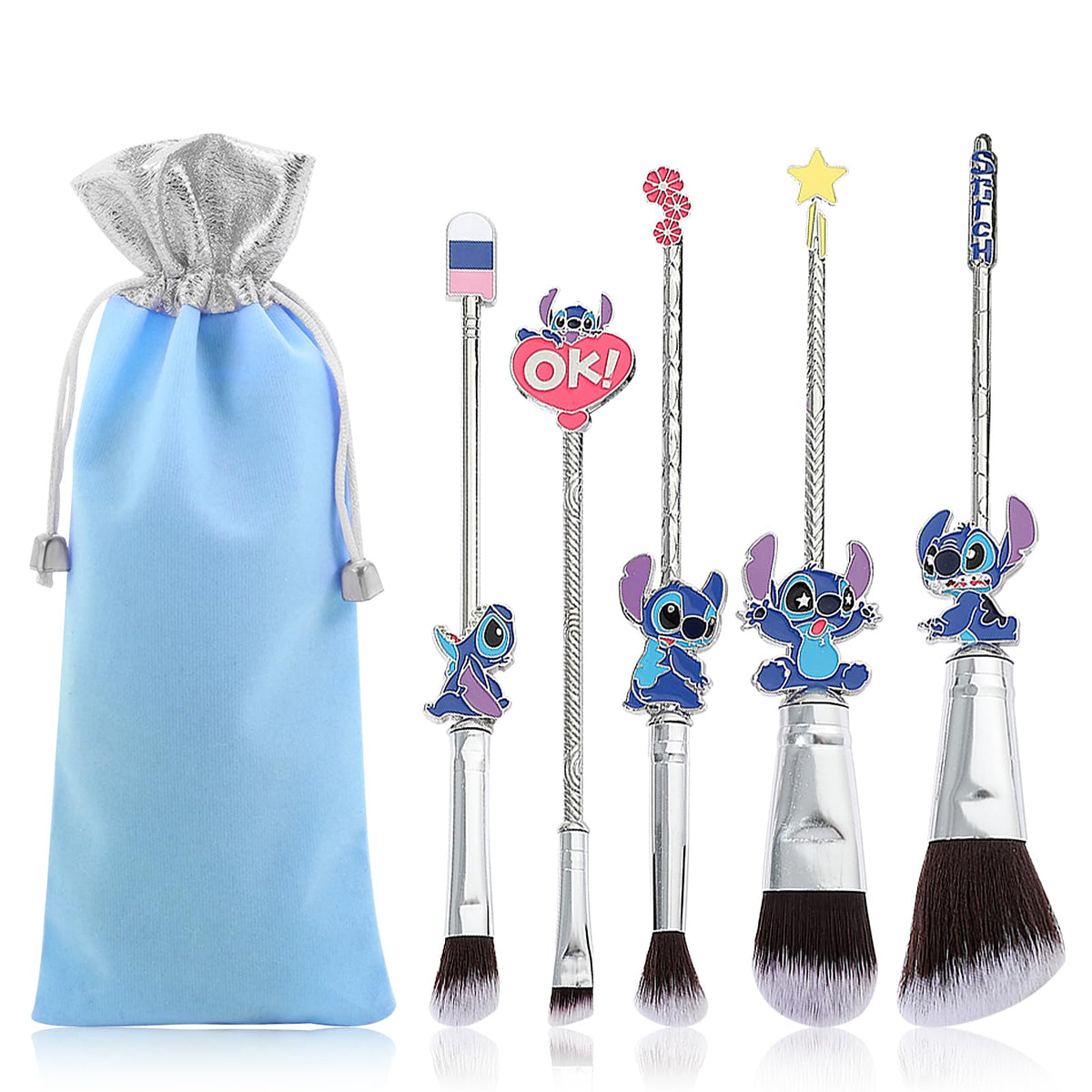 [5 Pcs] Stitch Makeup Brush Set, Lilo and Stitch Gifts Cosmetic Brushes for powder eyeshadow blushes lips, Portable Kawaii Makeup Brush Set, Stitch Gifts for Girl Women